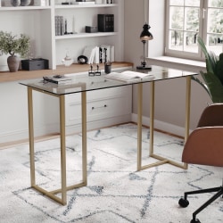 Martha Stewart Eli 24"W Home Office Glass Top Computer Desk With Metal Frame, Clear/Polished Brass