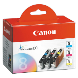 Canon® CLI-8 ChromaLife 100 Cyan, Magenta, Yellow Ink Tanks, Pack Of 3, 0621B016
