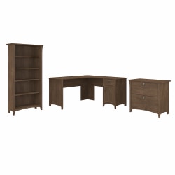 Bush Business Furniture Salinas 60"W L-Shaped Corner Desk With Lateral File Cabinet And 5-Shelf Bookcase, Ash Brown, Standard Delivery