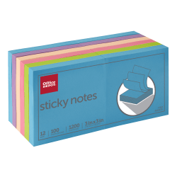 Office Depot® Brand Sticky Notes, 3" x 3", Assorted Neon Colors, 100 Sheets Per Pad, Pack Of 12 Pads, 21332-BRIGHT-12PK
