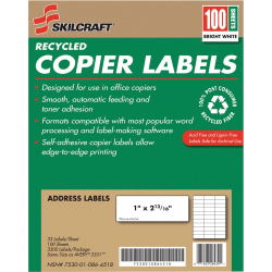 SKILCRAFT® 100% Recycled Copier Address Labels, Rectangle, 1" x 2 13/16", White, Box Of 100 (AbilityOne 7530-01-086-4518)