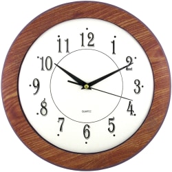 Timekeeper 11" Round Dark Woodgrain w/ White Face, Woodgrain - Analog - Quartz - Woodgrain, Brown, Faux Wood Case