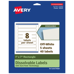 Avery® Print-to-the-Edge Dissolvable Labels With Sure Feed® Technology, 94225-DWMP5, Rectangle, 1"x7", Matte Off-White, Pack Of 40