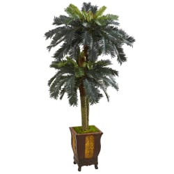 Nearly Natural Double Sago Palm 72"H Artificial Tree With Designer Planter, 72"H x 34"W x 34"D, Green