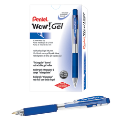 Pentel® Wow!™ Retractable Gel Roller Pens, Medium Point, 0.7 mm, Clear Barrel, Blue Ink, Pack Of 12