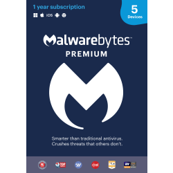 Malwarebytes Premium, For 5 Devices, 1-Year Subscription, For PC/Mac®/Android, Product Key