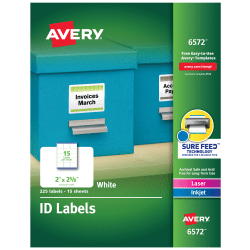 Avery® Permanent ID Labels With Sure Feed® Technology, 6572, Rectangle, 2" x 2-5/8", White, Pack Of 225 Labels