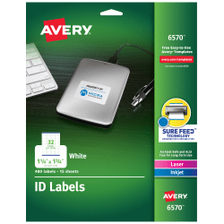 Avery® Permanent ID Labels With Sure Feed® Technology, 6570, Rectangle, 1-1/4" x 1-3/4", White, Pack Of 480 Labels