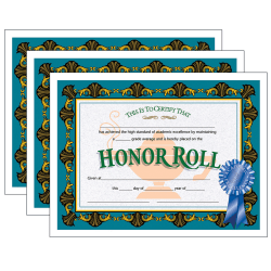 Hayes Certificates, 8-1/2" x 11", Honor Roll, 30 Certificates Per Pack, Set Of 3 Packs
