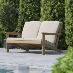 Flash Furniture Charlestown All-Weather Poly Resin Wood Adirondack-Style Deep-Seat Outdoor Furniture Patio Loveseat With Cushions, 32-1/2"H x 54"W x 34"D, Cream/Natural Cedar