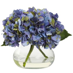 Nearly Natural Blooming Hydrangea 8-1/2"H Plastic Floral Arrangement With Vase, 8-1/2"H x 10"W x 9"D, Blue