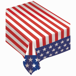 Amscan Flannel-Backed Table Cover, 52" x 90", Patriotic Stars And Stripes
