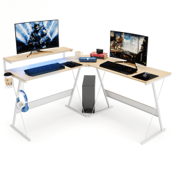 Bestier L-Shaped RGB Gaming Desk With Monitor Stand & Multi-Function Hooks, 56"W, Beige Oak