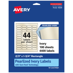 Avery® Pearlized Permanent Labels With Sure Feed®, 94209-PIP100, Rectangle, 2/3" x 1-3/4", Ivory, Pack Of 4,400 Labels