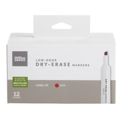 Office Depot® Brand Low-Odor Dry-Erase Markers, Chisel Point, 100% Recycled Plastic Barrel, Red, Pack Of 12