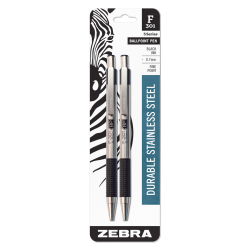 Zebra® Pen BCA F-301 Ballpoint Pens, Pack Of 2, Fine Point, 0.7 mm, Silver Barrel, Black Ink