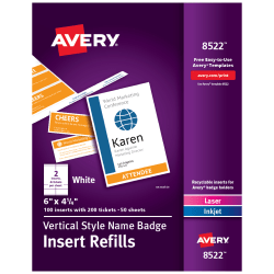 Avery® Vertical Name Badge Inserts, 6" x 4 1/4", White, Box Of 100 Inserts