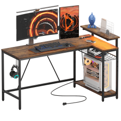 Bestier L-Shaped Gaming Computer Desk With Power Outlet, LED Lights & Headset Hooks, 59"W, Rustic Brown