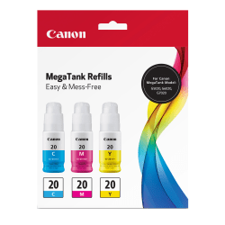 Canon GI-20 InkJet Cyan, Magenta, Yellow Ink Bottle Value Pack, Pack Of 3 Bottles, 3394C003