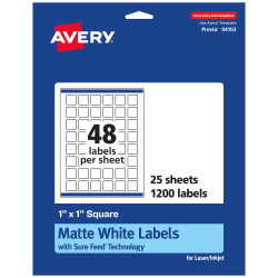 Avery® Permanent Labels With Sure Feed®, 94103-WMP25, Square, 1" x 1", White, Pack Of 1,200