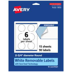 Avery® Removable Labels With Sure Feed®, 94512-RMP15, Round, 2-3/4" Diameter, White, Pack Of 90 Labels