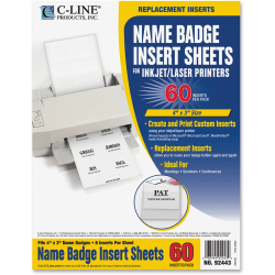 C-Line Replacement Name Badge Insert Sheets for Laser/Inkjet Printers - White, 4 x 3, 6/Sheet, 10 Sheets, 60/PK, 92443
