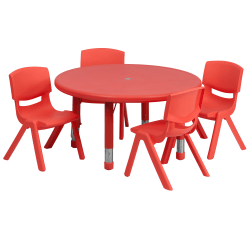 Flash Furniture Round Plastic Height-Adjustable Activity Table Set With 4 Chairs, 23-3/4" x 33", Red