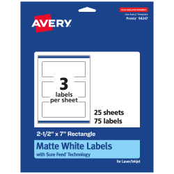 Avery® Permanent Labels With Sure Feed®, 94247-WMP25, Rectangle, 2-1/2" x 7", White, Pack Of 75
