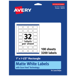 Avery® Permanent Labels With Sure Feed®, 94219-WMP100, Rectangle, 1" x 1-1/2", White, Pack Of 3,200