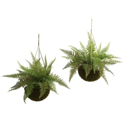 Nearly Natural Leather Fern 13"H Artificial Plants With Mossy Hanging Baskets, 13"H x 18"W x 18"D, Green, Set Of 2