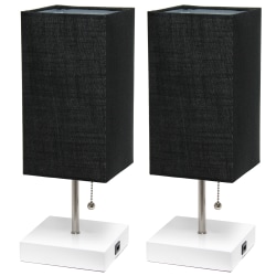 Simple Designs Petite Stick Lamps With USB Charging Port, Black Shade/White Base, Set Of 2 Lamps