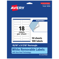 Avery® Removable Labels With Sure Feed®, 94218-RMP50, Rectangle, 15/16" x 3-7/16", White, Pack Of 900 Labels