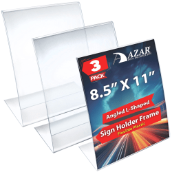 Azar Displays L-Shaped Flexible Plastic Vertical Sign Holders, 8-1/2" x 11", Clear, Pack Of 3 Holders