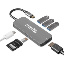 Plugable USB-C Hub 7-in-1, Compatible with Mac, Windows, Chromebook, USB4, Thunderbolt 4, and More - (4K HDMI, 3 USB 3.0, SD & microSD Card Reader, 87W Charging)