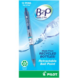 Pilot® B2P "Bottle To Pen" Retractable Ballpoint Pens, Fine Point, 0.7 mm, , Transparent Blue Barrel, Blue Ink, Pack Of 12