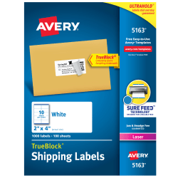 Avery® TrueBlock® Shipping Labels With Sure Feed® Technology, 5163, Rectangle, 2" x 4", White, Pack Of 1,000