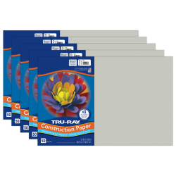 Tru-Ray Construction Paper, Heavyweight, 12" x 18", Gray, 50 Sheets Per Pack, Set Of 5 Packs