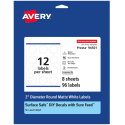 Avery® Durable Removable Labels With Sure Feed®, 94501-DRF8, Round, 2" Diameter, White, Pack Of 96