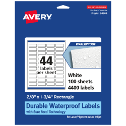 Avery® Waterproof Permanent Labels With Sure Feed®, 94209-WMF100, Rectangle, 2/3" x 1-3/4", White, Pack Of 4,400