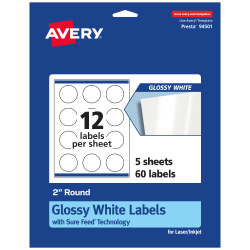 Avery® Glossy Permanent Labels With Sure Feed®, 94501-WGP5, Round, 2" Diameter, White, Pack Of 60