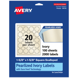 Avery® Pearlized Permanent Labels With Sure Feed®, 94110-PIP100, Square Scalloped, 1-5/8" x 1-5/8", Ivory, Pack Of 2,000 Labels