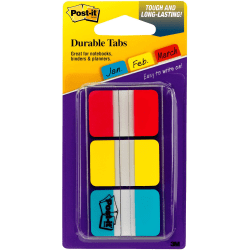 Post-it® Durable Tabs - 36 Write-on Tab(s) - 1.50" Tab Height x 1" Tab Width - Red, Yellow, Blue Tab(s) - Wear Resistant, Tear Resistant, Repositionable - 1 / Pack