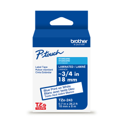 Brother P-touch TZe-243, Laminated, 3/4" x 26.2 ft (18mm x 8m), Blue on White Label Tape