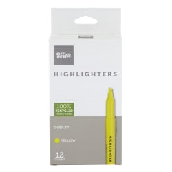 Office Depot® Brand Pen-Style Highlighters, 100% Recycled Plastic Barrel, Fluorescent Yellow, Pack Of 12