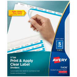 Avery® Print & Apply Clear Label Dividers With Index Maker® Easy Apply™ Printable Label Strip And White Tabs, 5-Tab, Box Of 5 Sets