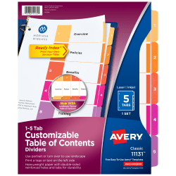Avery® Ready Index® 1-5 Tab Binder Dividers With Customizable Table Of Contents, 8-1/2" x 11", 5 Tab, White/Multicolor, 1 Set