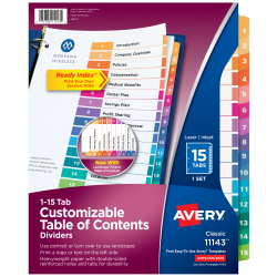 Avery Ready Index 1-15 Tab Binder Dividers With Customizable Table Of Contents, 8-1/2" x 11", 15 Tab, White/Multicolor, 1 Set