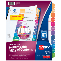 Avery® Ready Index® Jan-Dec Tab With Customizable Table Of Contents Binder Dividers, 8-1/2" x 11", 12 Tab, Multicolor, 1 Set