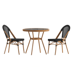 Flash Furniture Marseille Indoor/Outdoor Commercial Bistro 31.5" Table, Textilene, Glass Top with 2 Stack Chairs, Black Textilene/Natural Frame