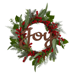 Nearly Natural Joy And Berries 24"H Evergreen Artificial Christmas Wreath, 24" x 4", Green